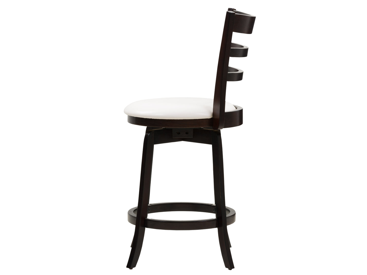 Alt Tag: Modern wooden bar stool with a dark walnut finish, featuring a smooth curved backrest, sleek metal footrest, and padded seat cushion in light beige fabric, ideal for kitchen counters or home bars.