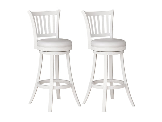 White bar stools set of 2 with sleek chrome legs and footrest, featuring a cushioned seat and backrest in smooth white leather, perfect for modern kitchens or home bars.