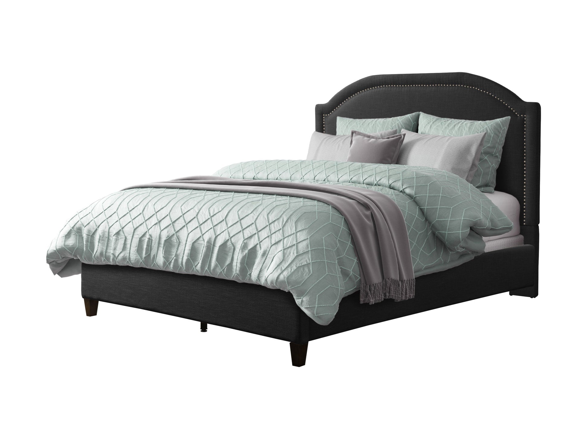 Dark grey upholstered queen bed with tufted headboard and wooden legs.