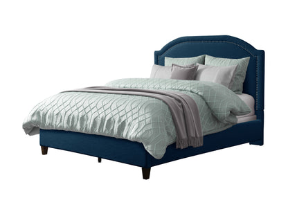 Navy blue upholstered queen bed with tufted headboard, wooden legs, and elegant design.