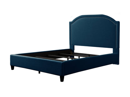 Navy blue upholstered queen bed with tufted headboard, wooden legs, and a modern design.