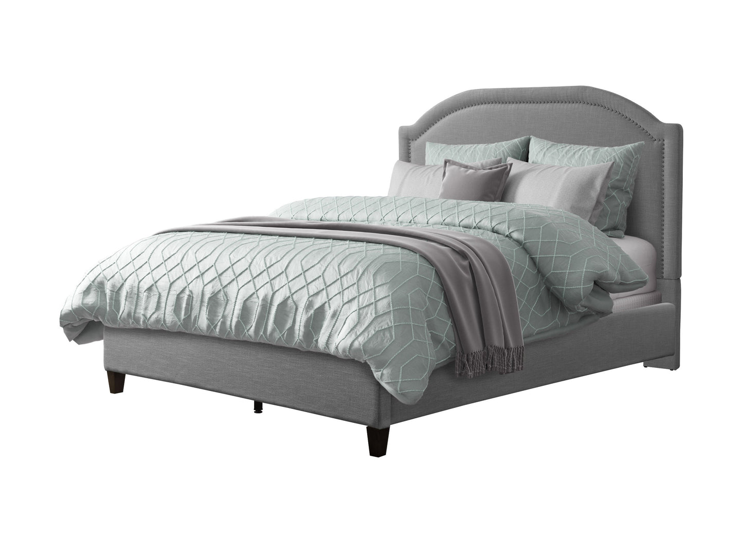 Elegant grey upholstered queen bed with tufted headboard and wooden legs, perfect for modern bedroom decor.