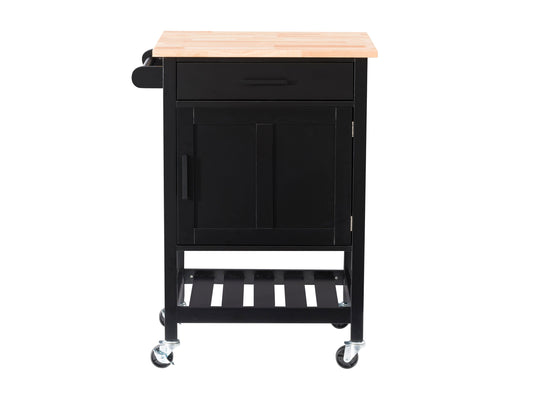 Black kitchen cart on wheels with wooden countertop, storage shelves, and towel rack for versatile kitchen organization.