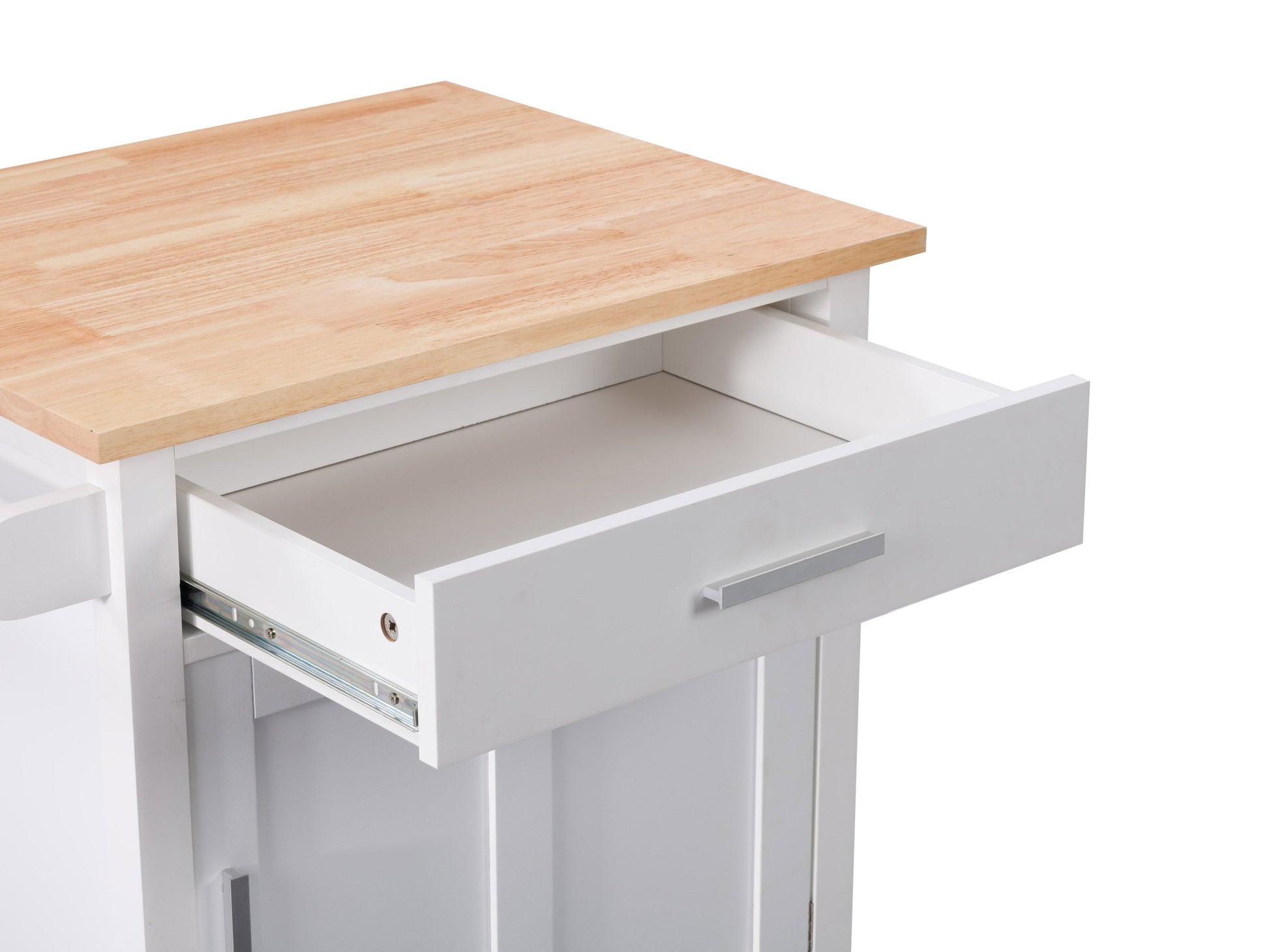 White kitchen cart on wheels with wooden top, storage shelves, and towel rack – perfect for modern kitchens.