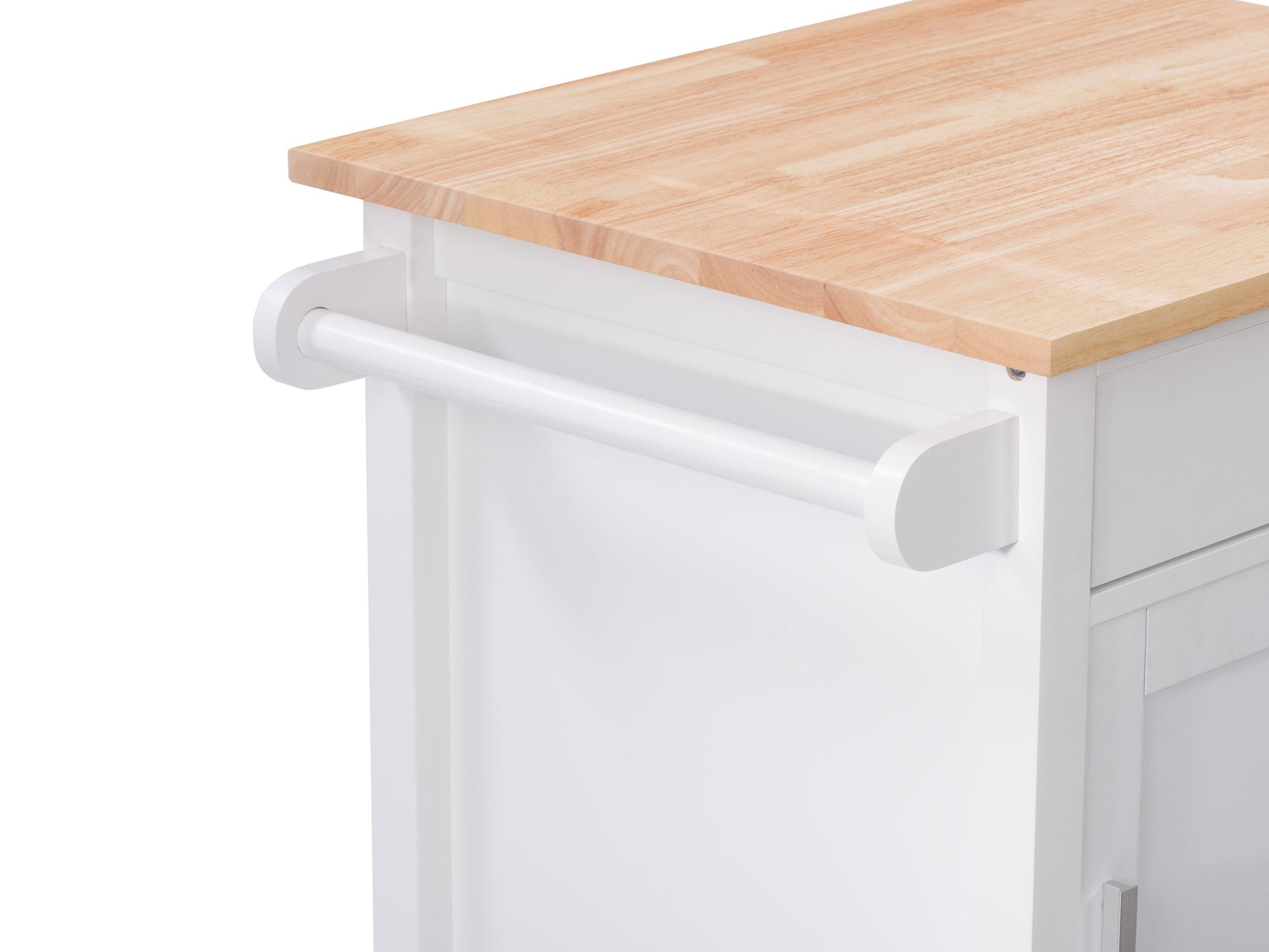 White kitchen cart on wheels with storage shelves, drawers, and a wooden countertop, perfect for modern kitchen organization.