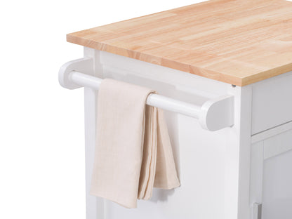 White kitchen cart on wheels with wooden top, storage shelves, and towel rack, ideal for versatile kitchen organization.