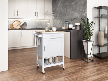 White kitchen cart on wheels with storage shelves, drawer, and towel rack, ideal for versatile kitchen organization.