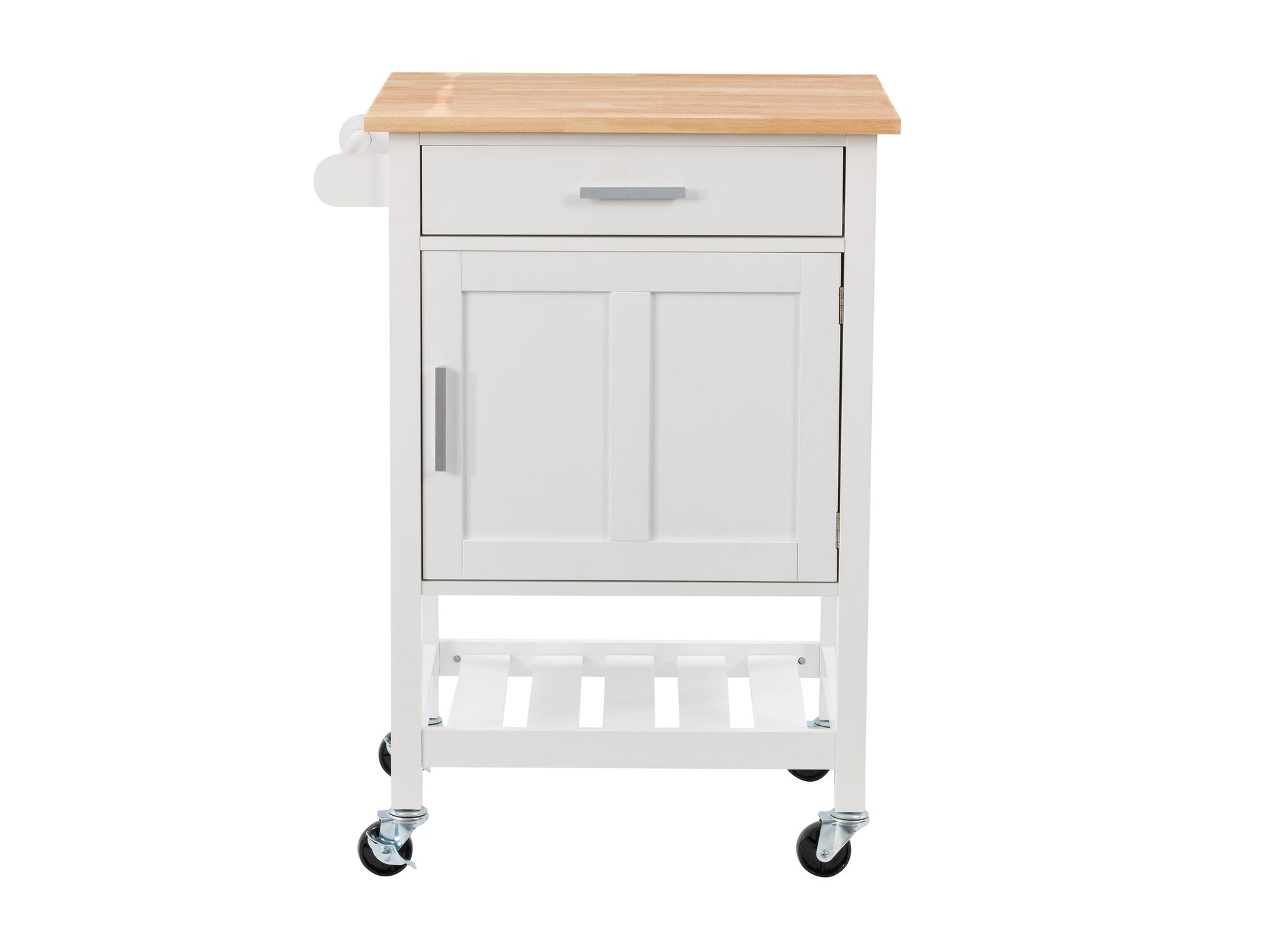 White kitchen cart with wheels, wooden top, storage shelves, and drawers for versatile kitchen organization.