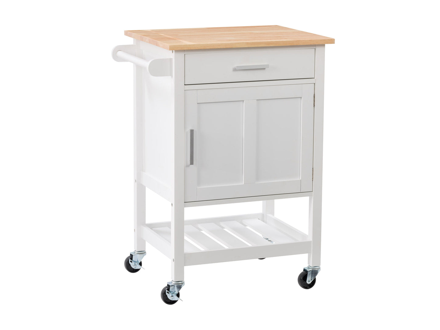 White kitchen cart on wheels with wooden top, open shelves, and storage drawers, ideal for modern kitchens.