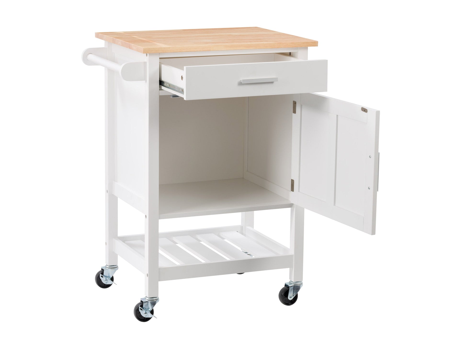 White kitchen cart on wheels with wooden top, storage shelves, and sleek design for modern kitchens.