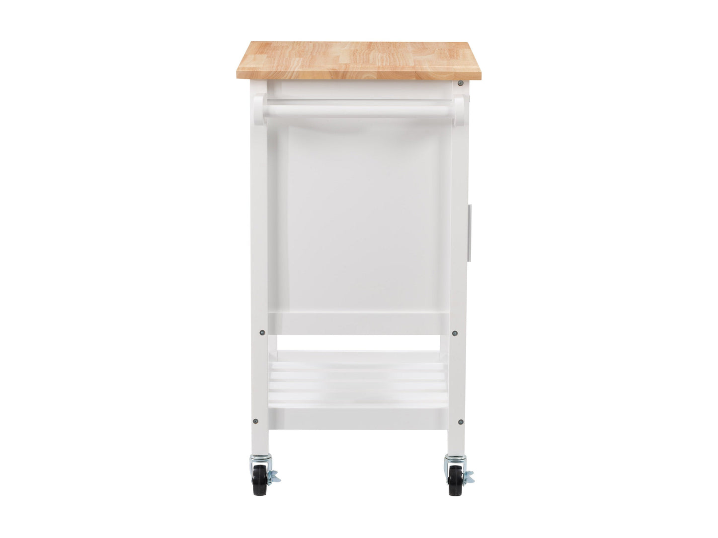 White kitchen cart on wheels with wooden top, storage shelves, and towel rack, perfect for modern kitchens.