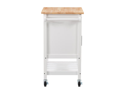 White kitchen cart on wheels with wooden top, storage shelves, and towel rack, perfect for modern kitchens.