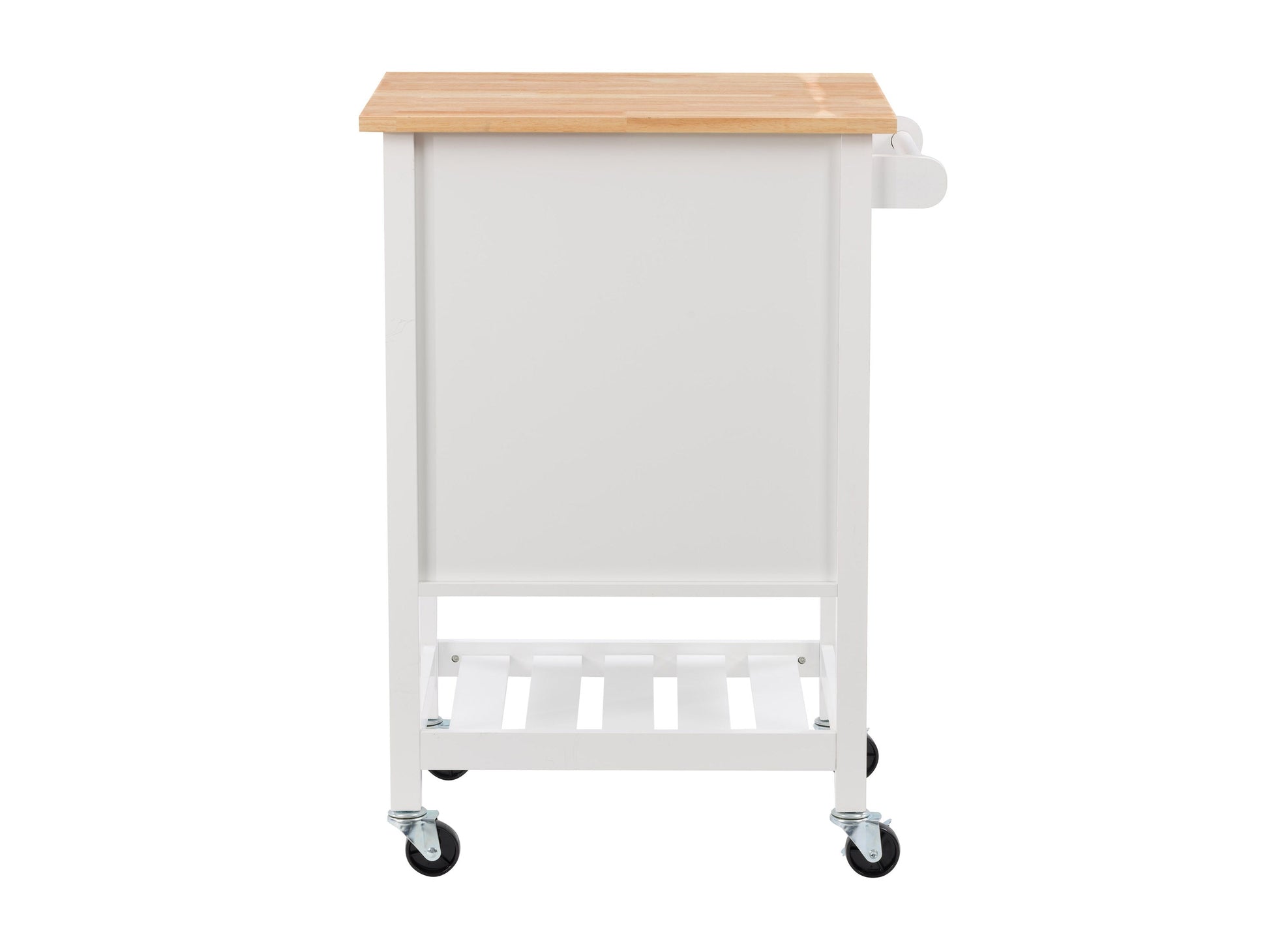 White kitchen cart on wheels with wooden top, storage shelves, and drawers, ideal for modern kitchens.