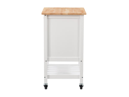 White kitchen cart on wheels with wooden top, storage shelves, and towel rack, ideal for modern kitchens.