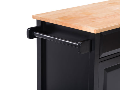 Black kitchen cart on wheels with wooden top, multiple shelves, and towel rack for versatile kitchen storage and mobility.