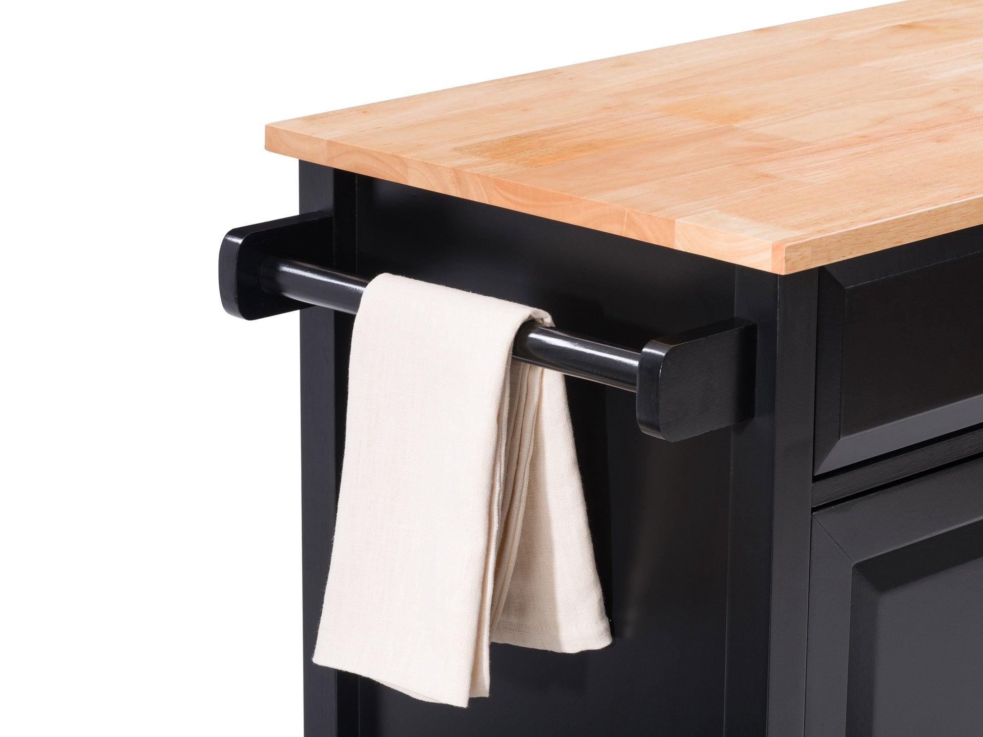 Black kitchen cart with wheels, wooden top, storage shelves, and towel rack, perfect for modern kitchens and versatile use.