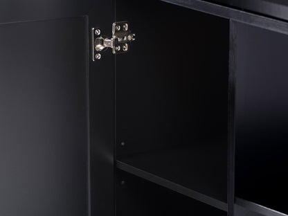 Black kitchen cart on wheels with wooden countertop, storage shelves, and sleek metal frame.