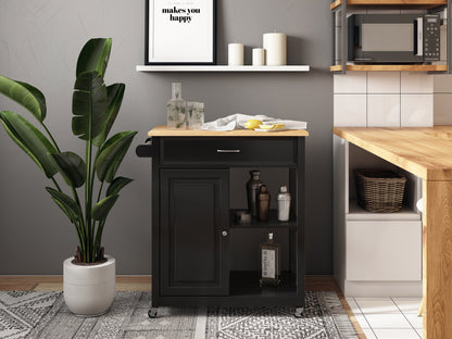 Black kitchen cart on wheels with wooden top, storage shelves, and towel rack for versatile kitchen organization