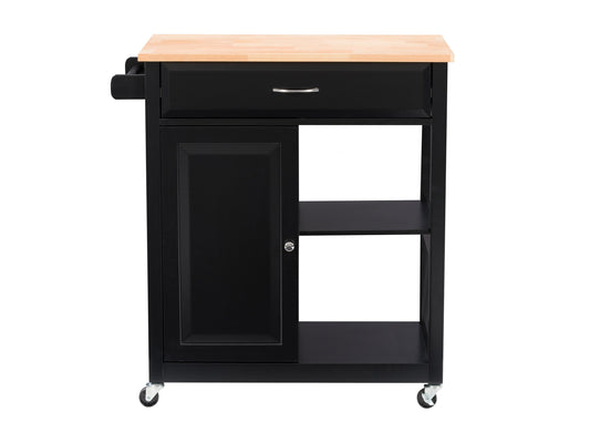 Black kitchen cart on wheels with wooden top, storage shelves, and sleek design for modern kitchens.