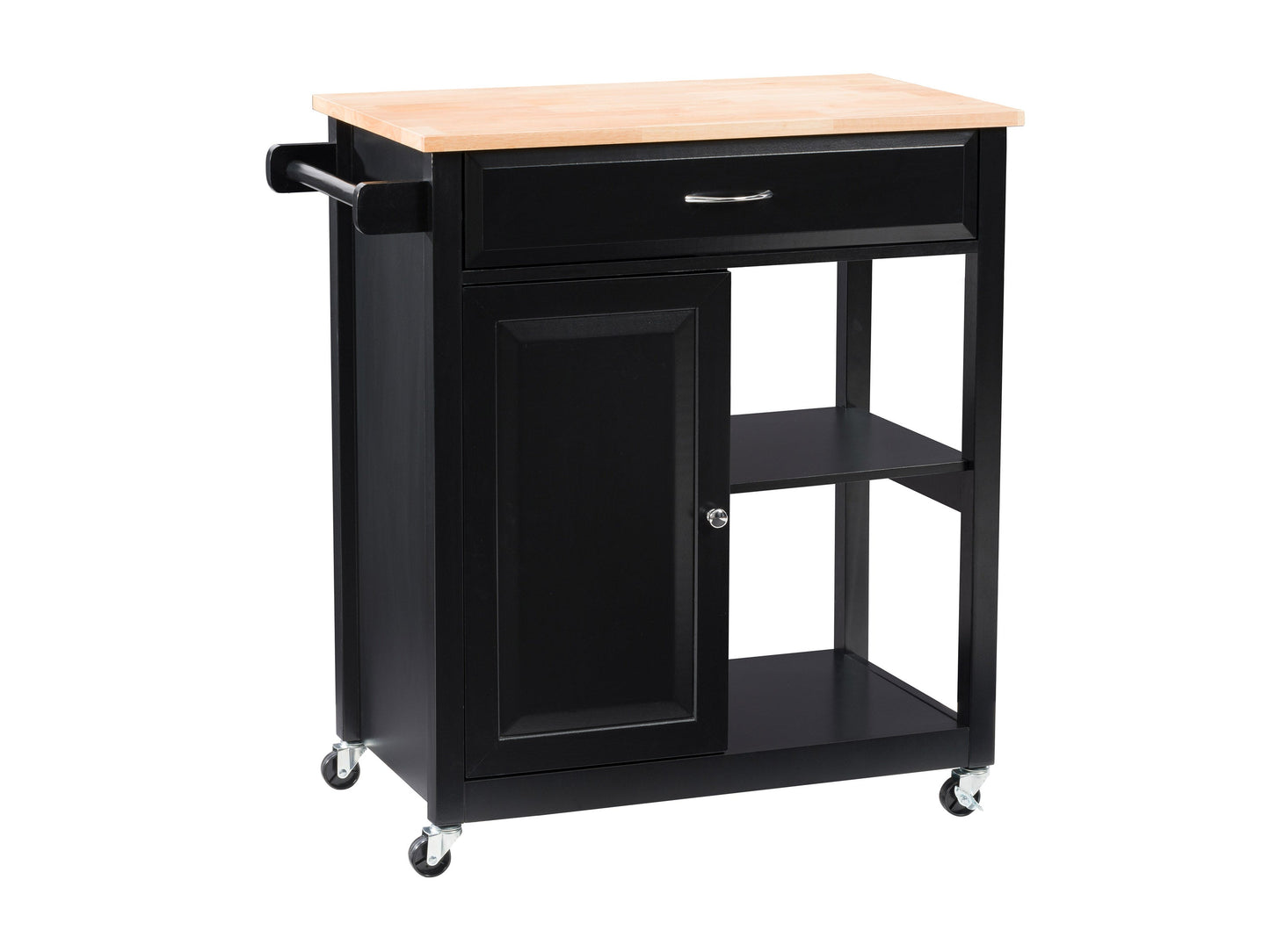 Black kitchen cart on wheels with wooden top, storage shelves, and sleek modern design.