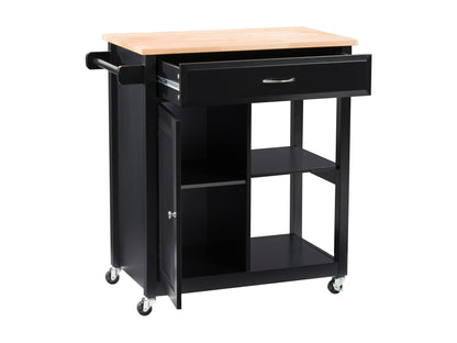 Black kitchen cart on wheels with wooden top, storage shelves, and sleek design for modern kitchens.