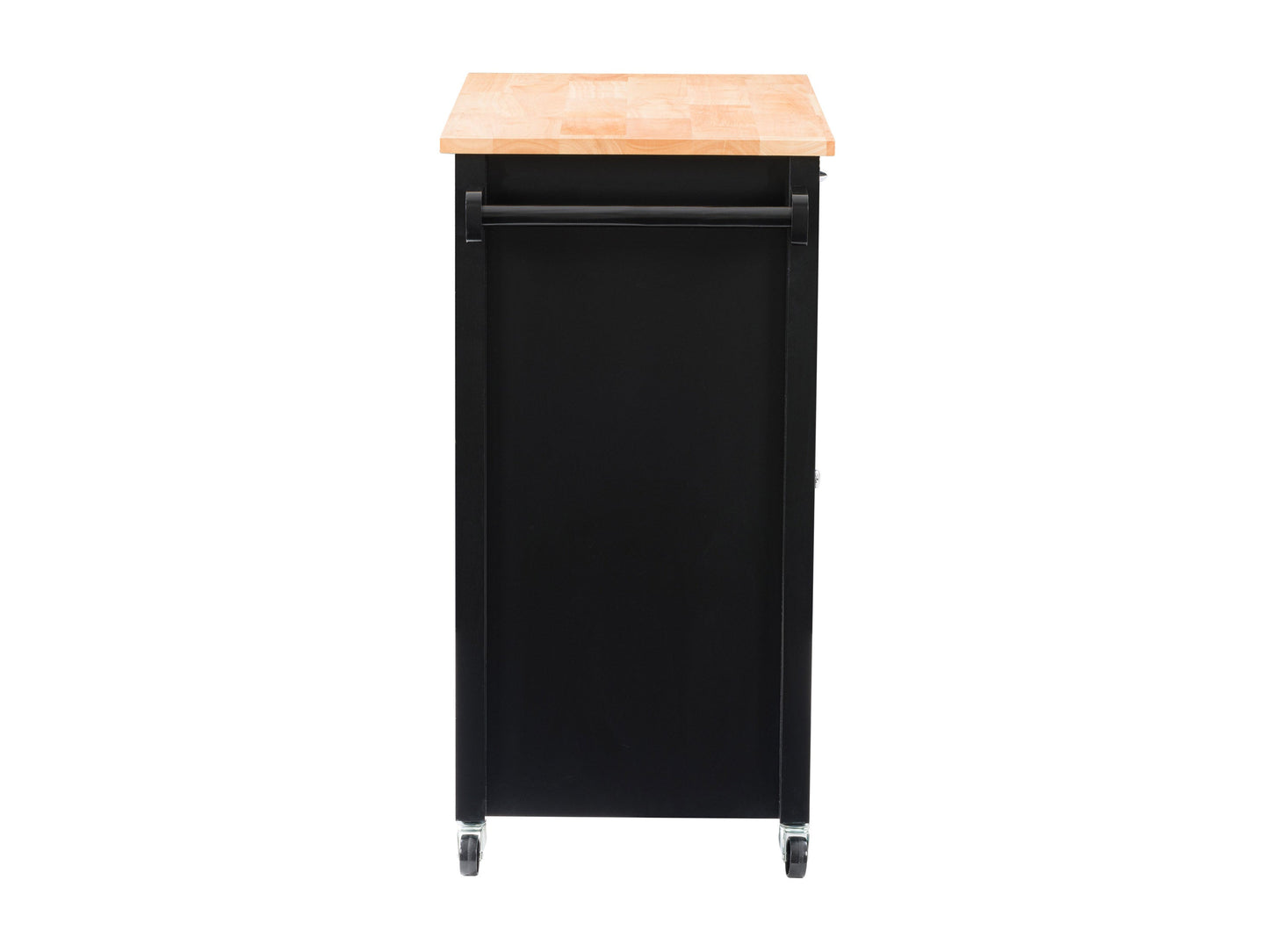 Black kitchen cart on wheels with storage shelves and drawers, sleek design, and sturdy construction.