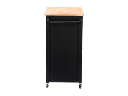 Black kitchen cart on wheels with storage shelves and drawers, sleek design, and sturdy construction.