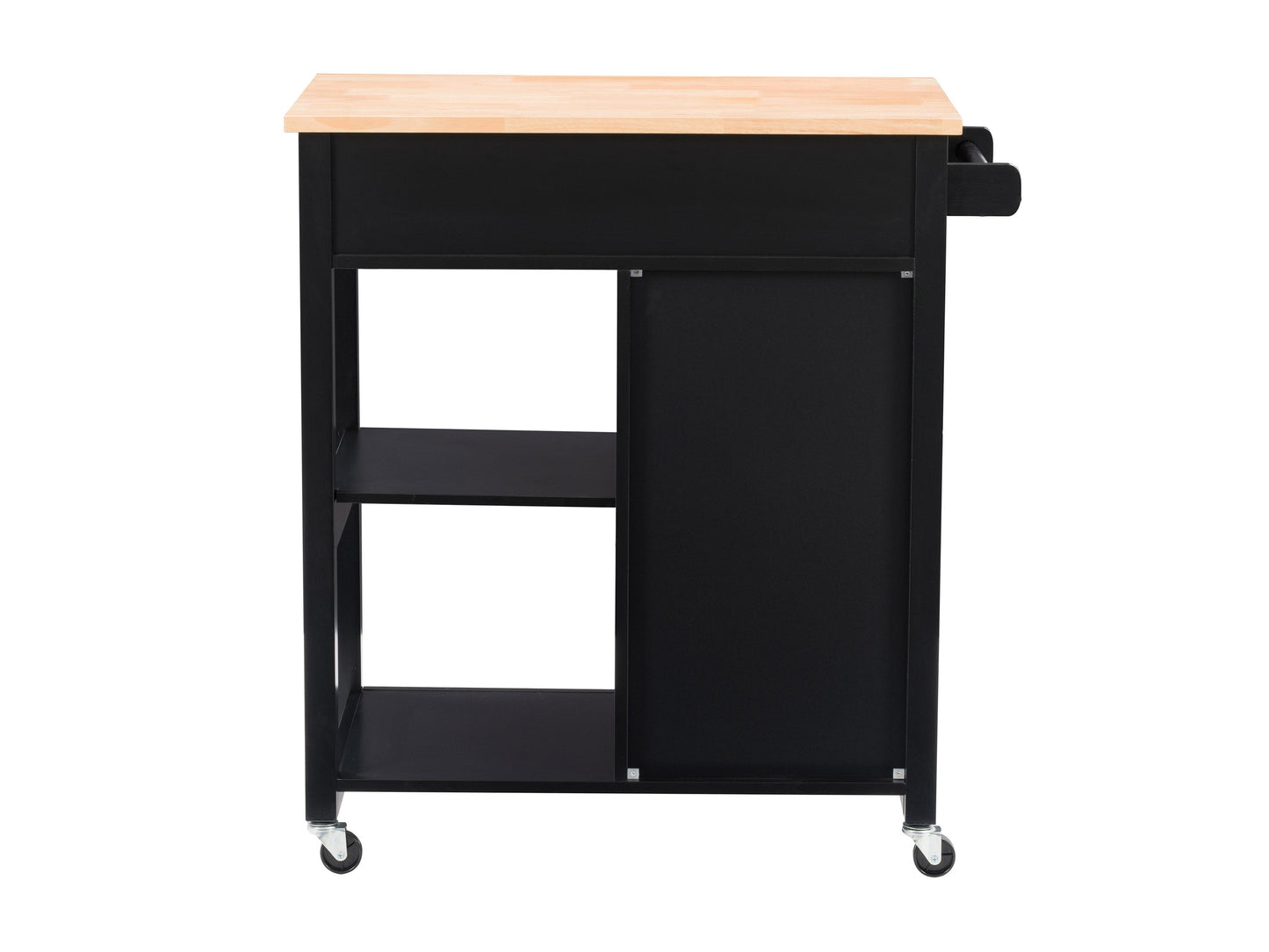 Black kitchen cart on wheels with wooden top, storage shelves, and towel rack, perfect for versatile kitchen organization.