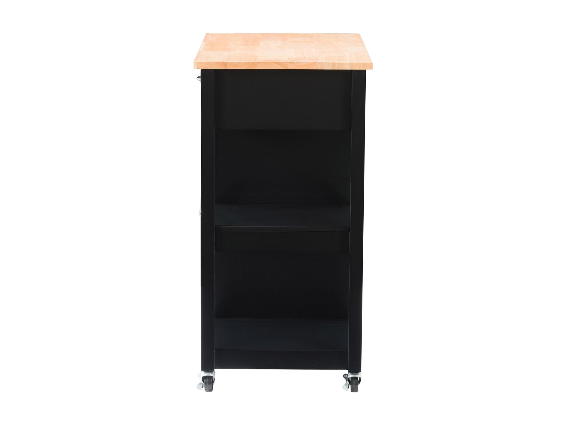 Black kitchen cart on wheels with stainless steel top, two shelves, and a sleek modern design.