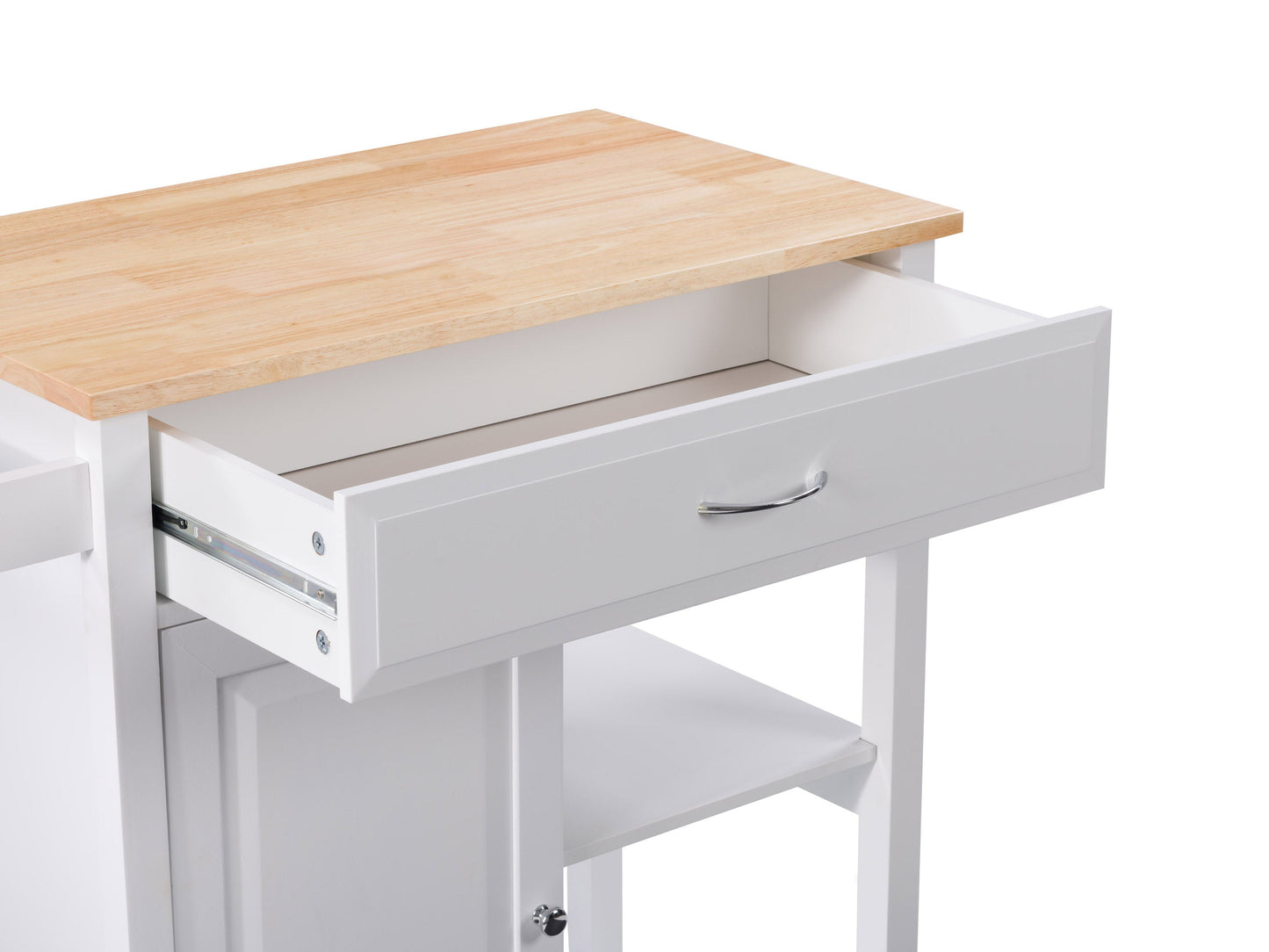 White kitchen cart on wheels with storage shelves, wood top, and towel rack, perfect for modern kitchens.