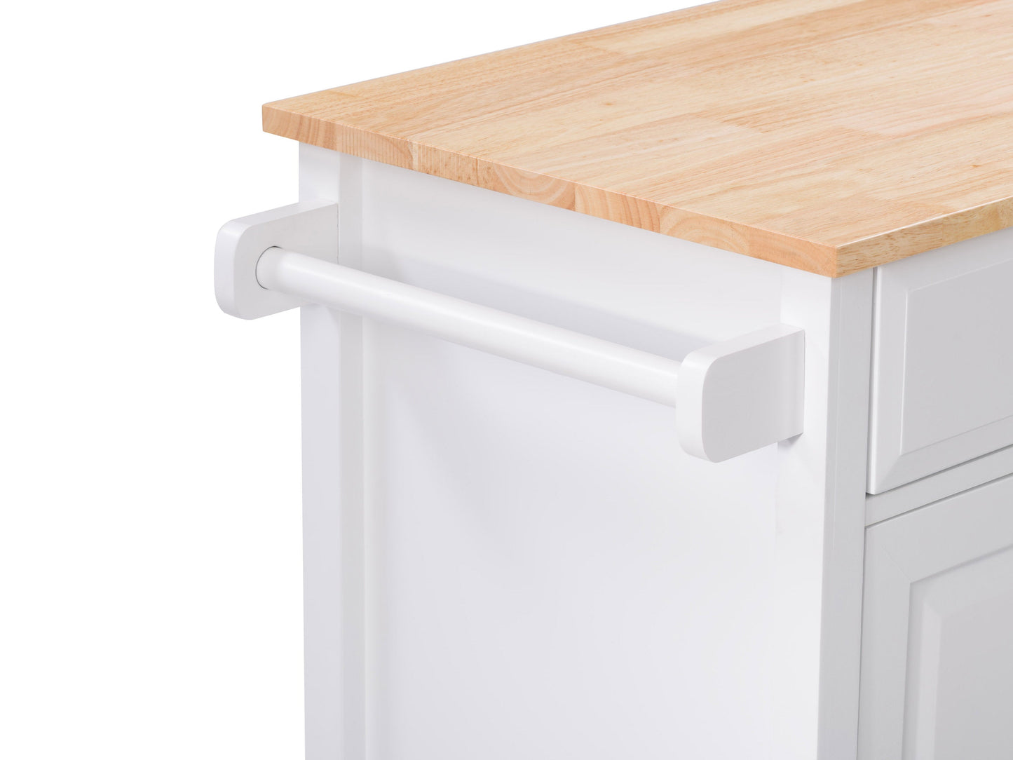 White kitchen cart on wheels with wooden top, storage shelves, and drawers, ideal for modern kitchen organization.