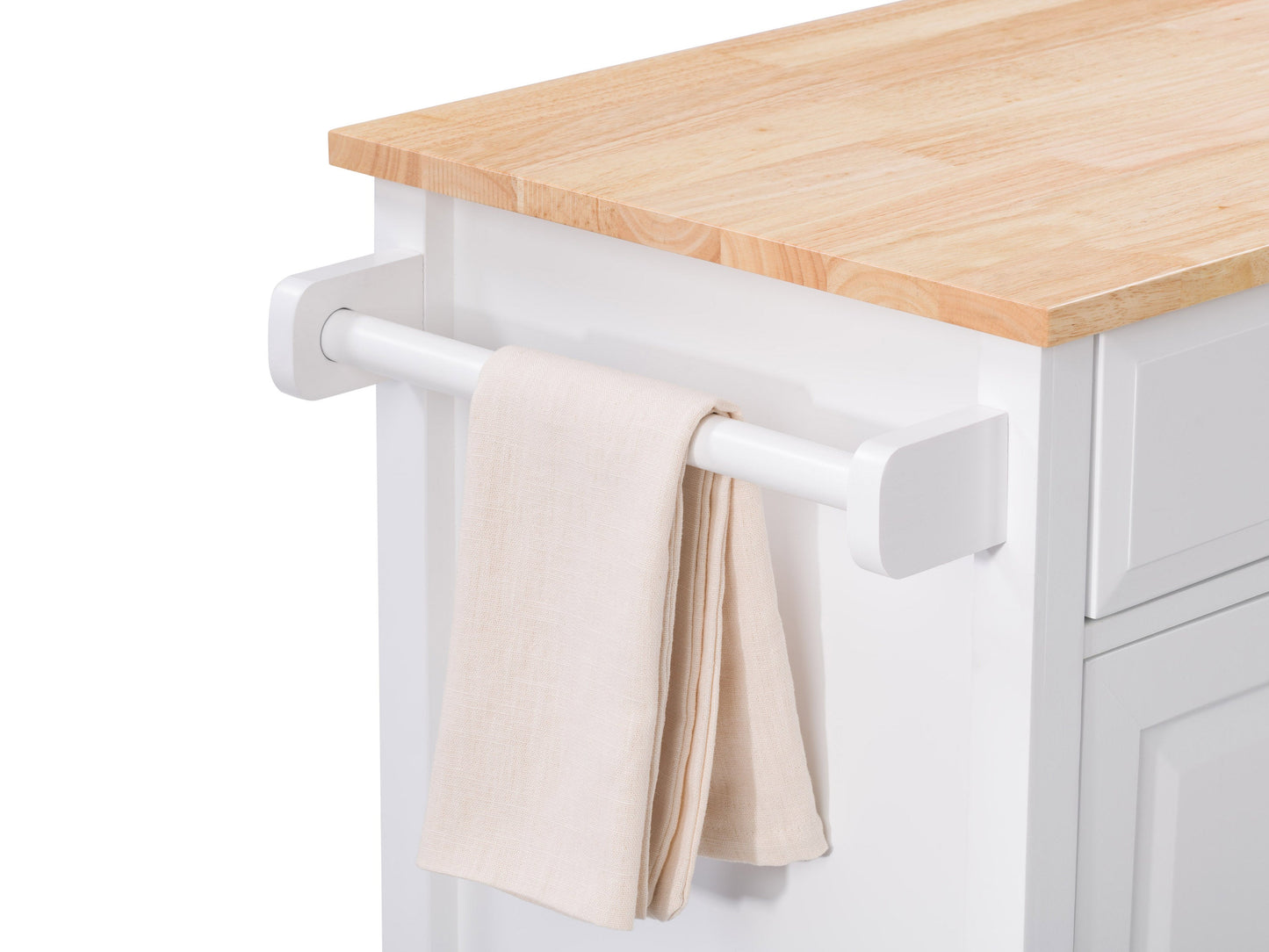 White kitchen cart on wheels with storage shelves, drawers, and a wooden top.