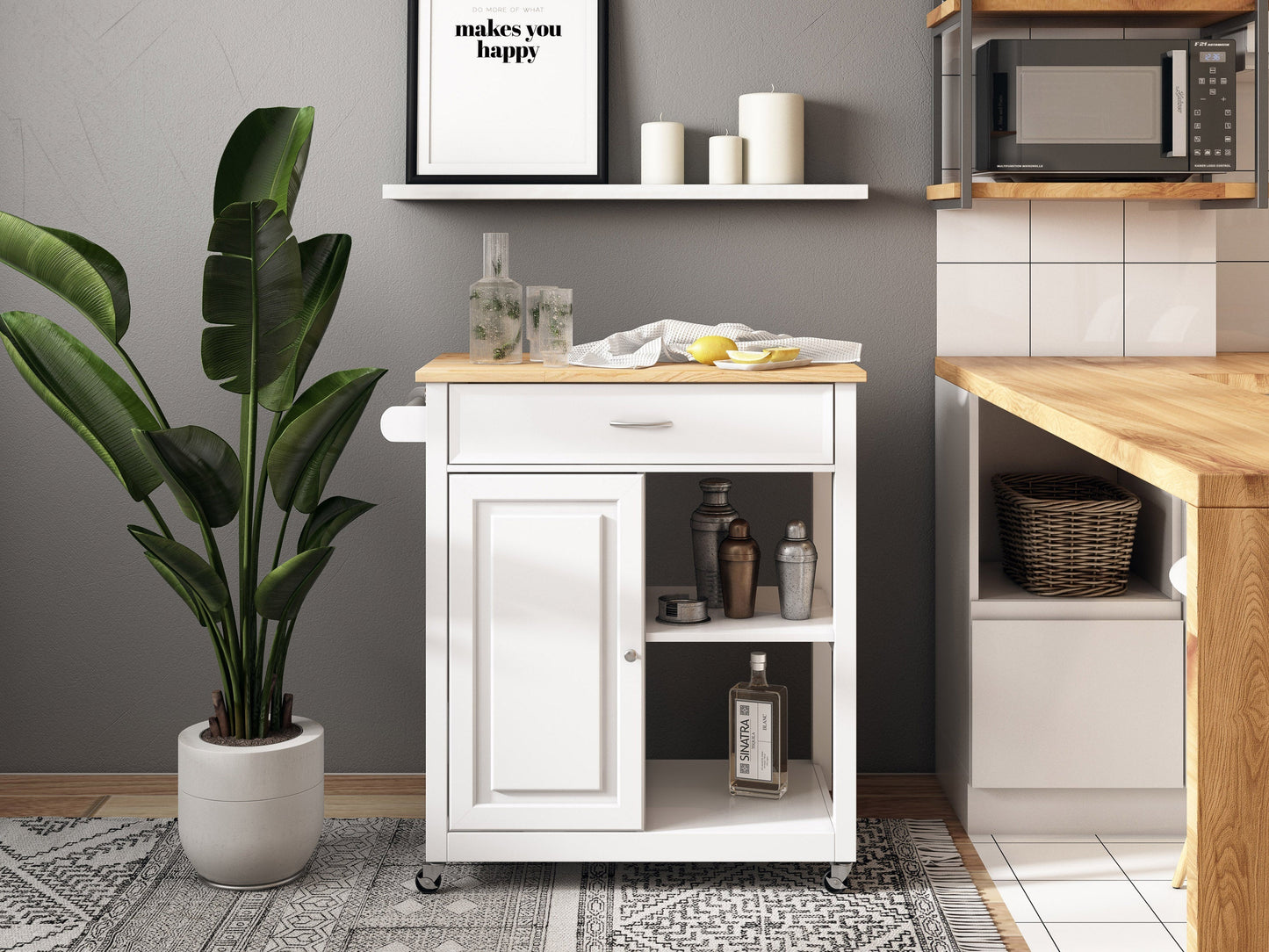 White kitchen cart on wheels with butcher block top, storage shelves, and towel rack.