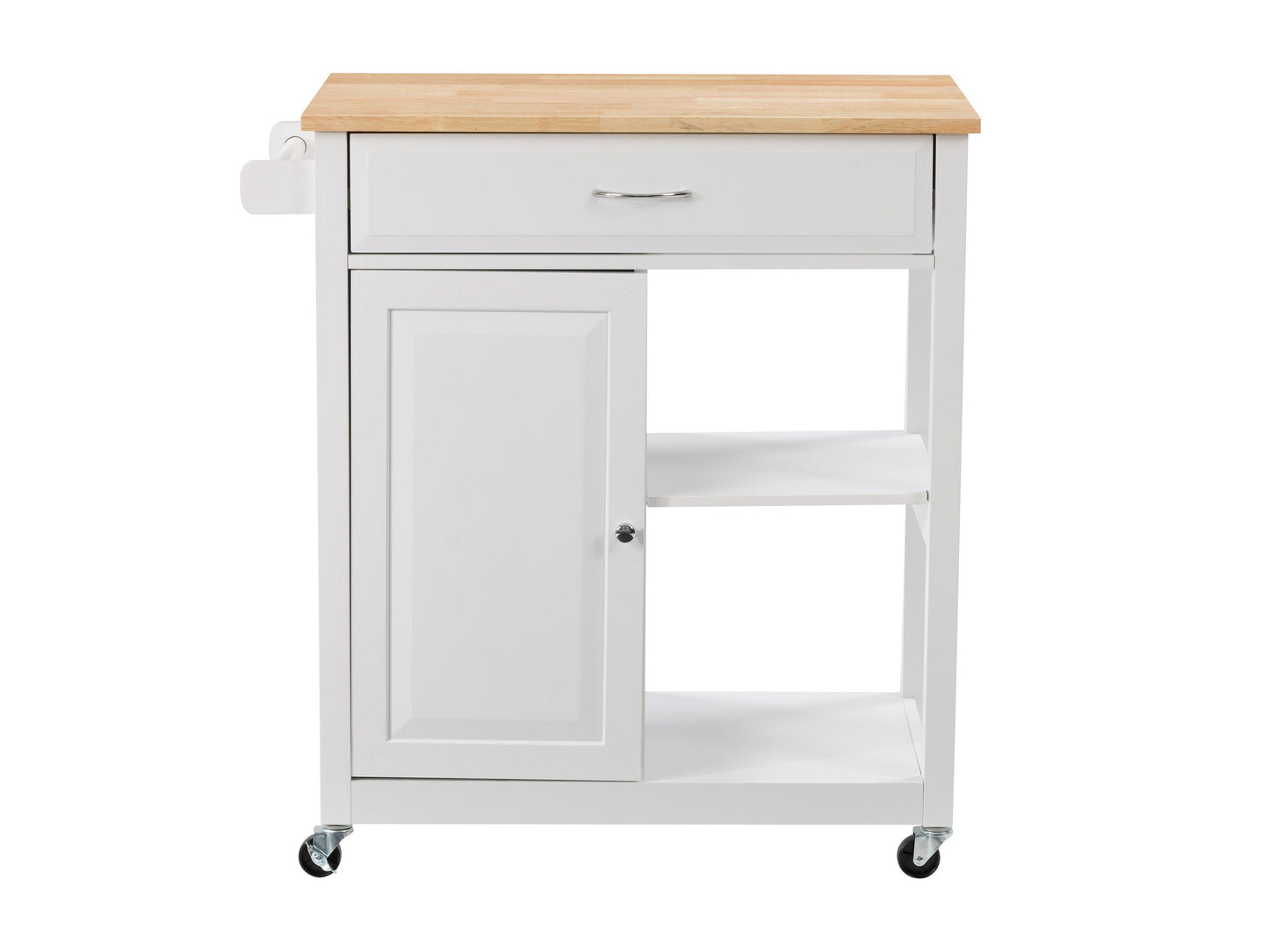 White kitchen cart on wheels with storage shelves, drawers, and towel rack, ideal for modern kitchens and versatile use.