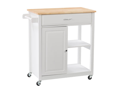 White kitchen cart on wheels with wooden top, storage shelves, and drawers for versatile kitchen organization.