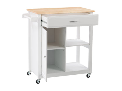 White kitchen cart on wheels with storage shelves, drawers, and a wooden top for versatile kitchen organization.