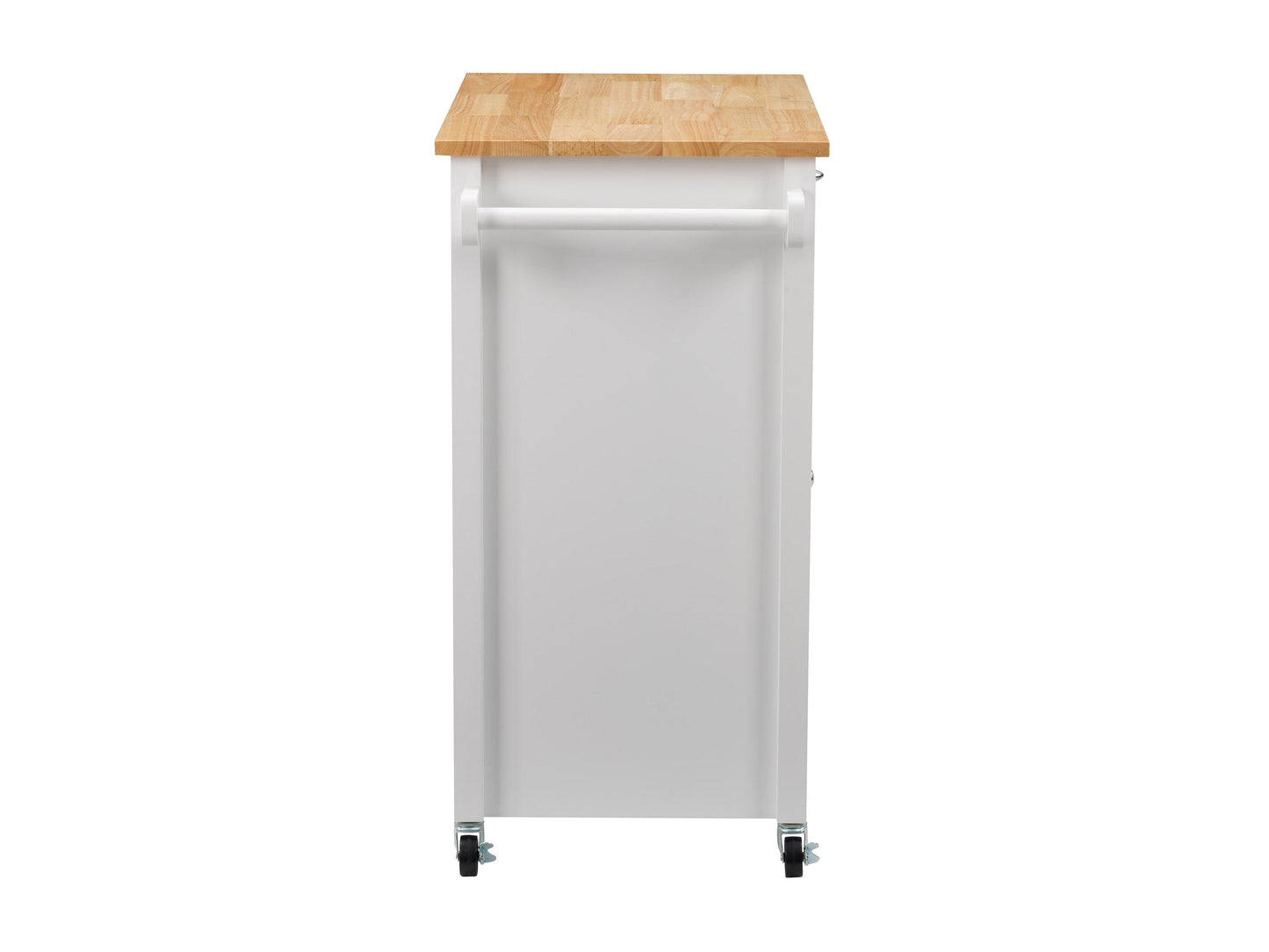 White kitchen cart on wheels with storage shelves, wooden top, and modern design.