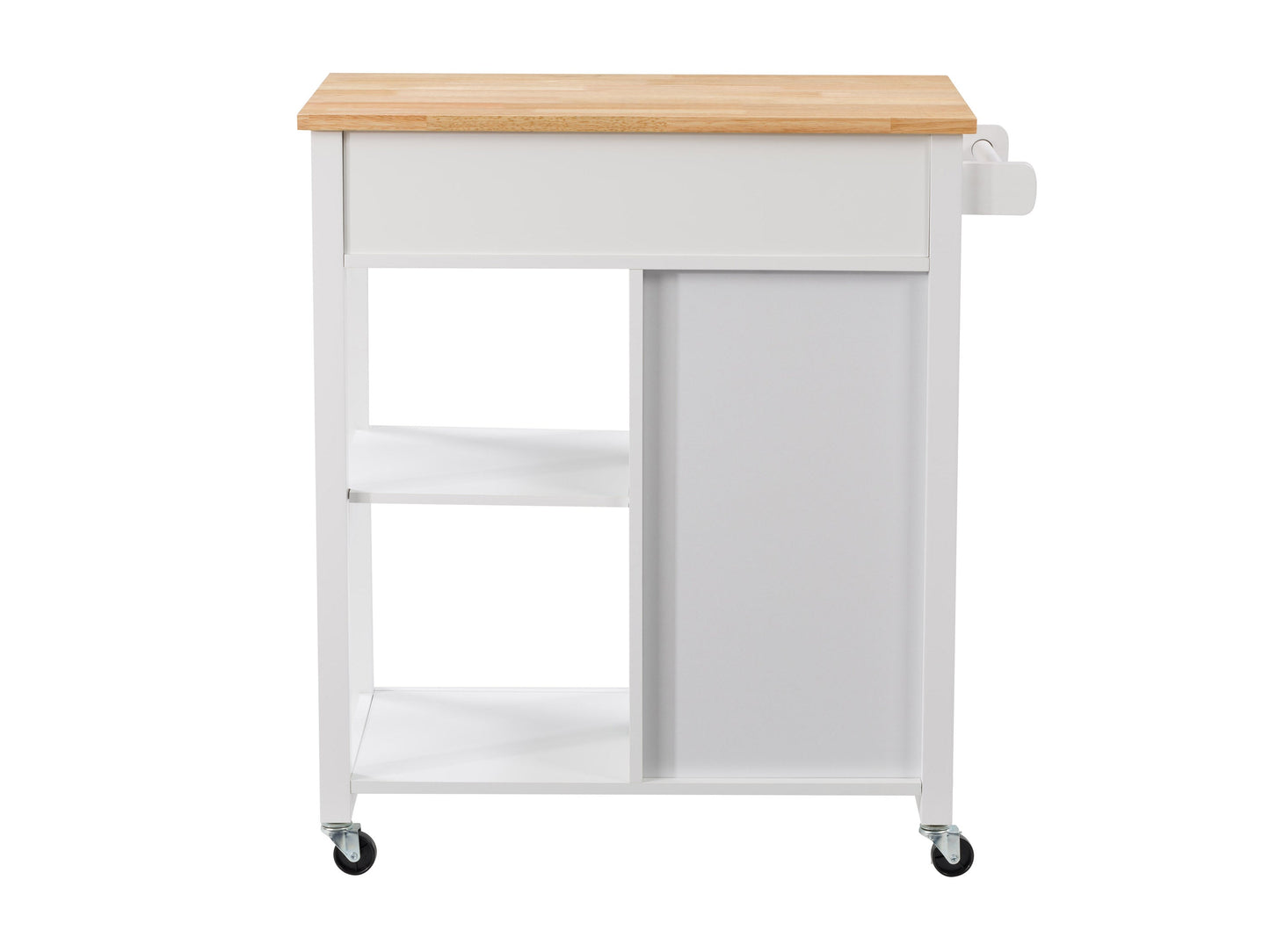 White kitchen cart on wheels with wooden top, storage shelves, and towel rack, perfect for modern kitchens.