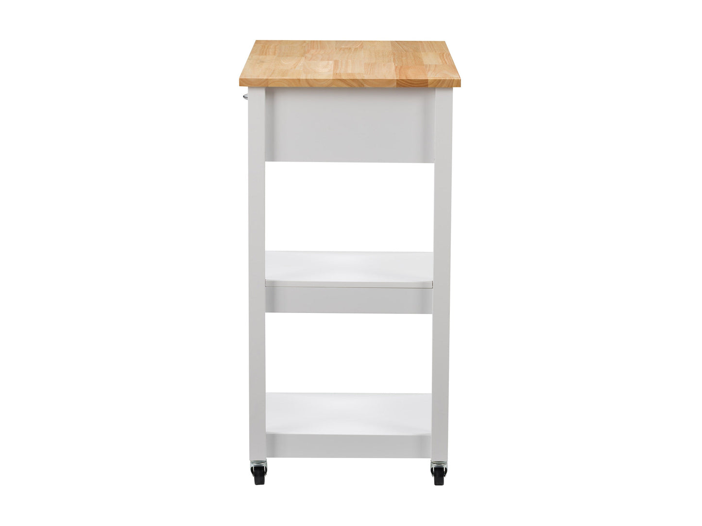 White kitchen cart on wheels with storage shelves, drawers, and a wooden countertop, perfect for modern kitchens.