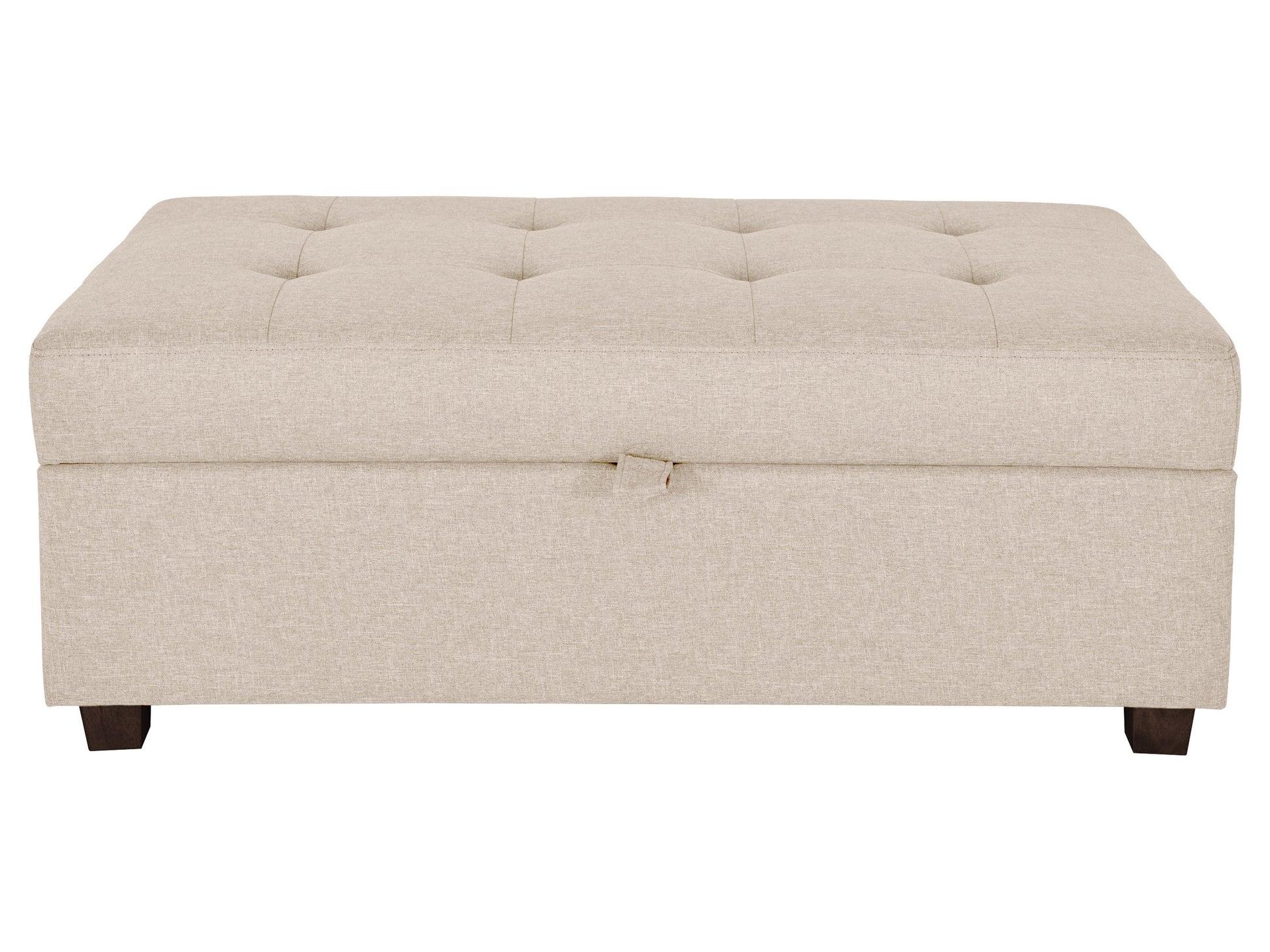 Beige large storage ottoman with tufted fabric, wooden legs, and spacious interior compartment.