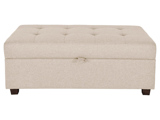 Beige large storage ottoman with tufted fabric, wooden legs, and spacious interior compartment.