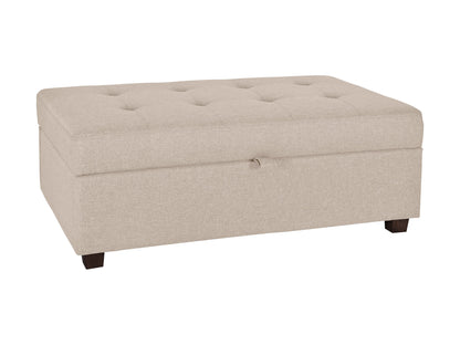 Beige large storage ottoman with tufted fabric, wooden legs, and spacious interior storage.