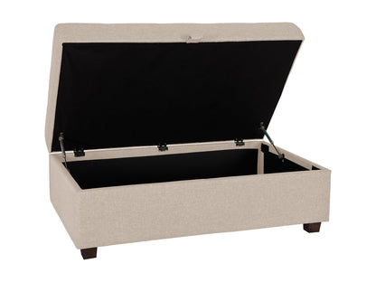 Beige large storage ottoman with tufted fabric and wooden legs, perfect for living room or bedroom organization.