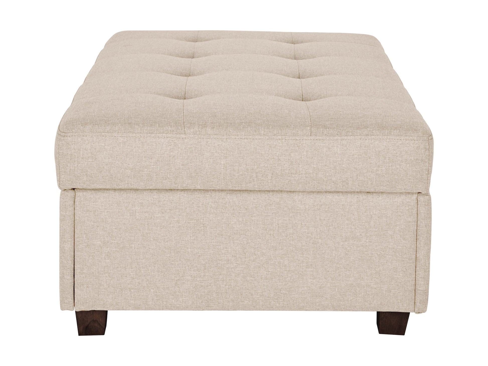 Beige large storage ottoman with tufted top, wooden legs, and spacious interior.