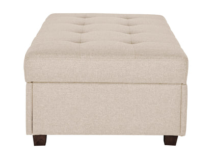 Beige large storage ottoman with tufted top, wooden legs, and spacious interior.