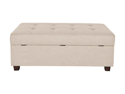 Beige large storage ottoman with tufted top, wooden legs, and spacious interior.