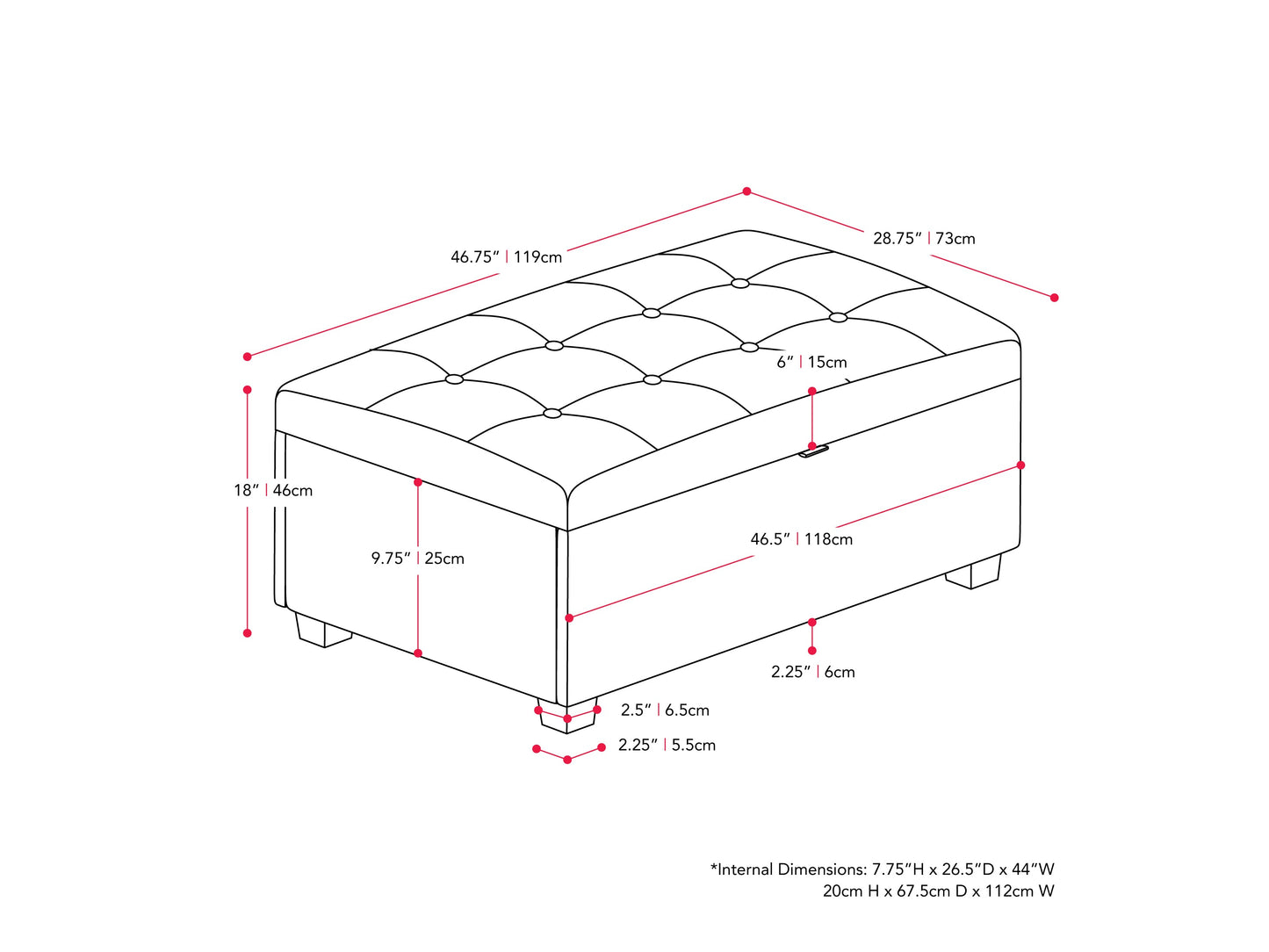 Light grey large storage ottoman with tufted fabric, wooden legs, and spacious interior compartment.