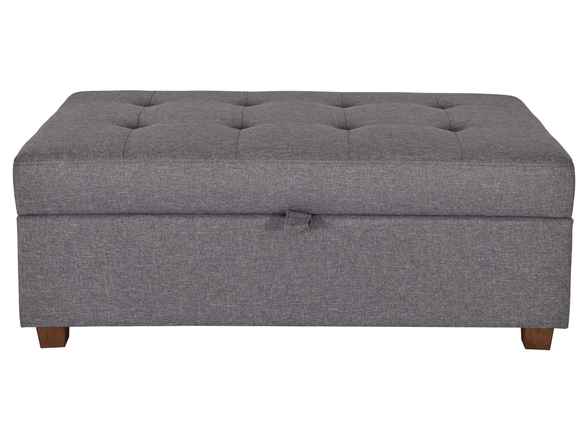 Light grey large storage ottoman with tufted fabric and wooden legs, versatile modern design for living room or bedroom.