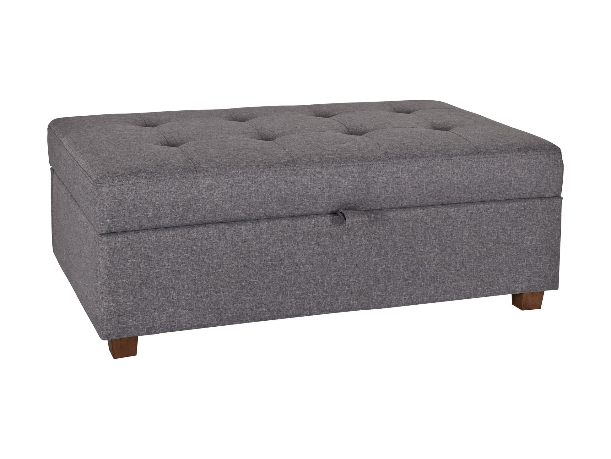 Large light grey storage ottoman with tufted fabric, wooden legs, and spacious interior for modern living rooms.