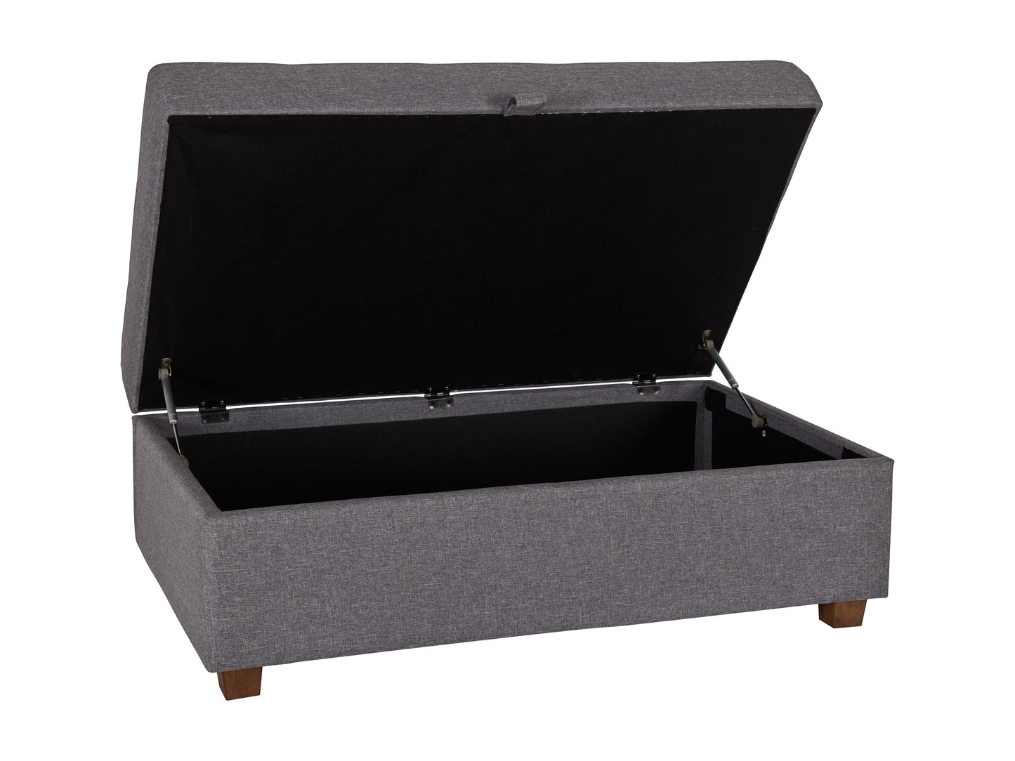 Large light grey fabric storage ottoman with tufted top, wooden legs, and spacious interior.